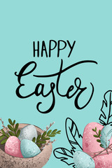 Digital illustration of a cute colored eggs and ink with the inscription happy easter handwritten. Print for cards, banners, invitations, fabrics, wrapping paper, web design.