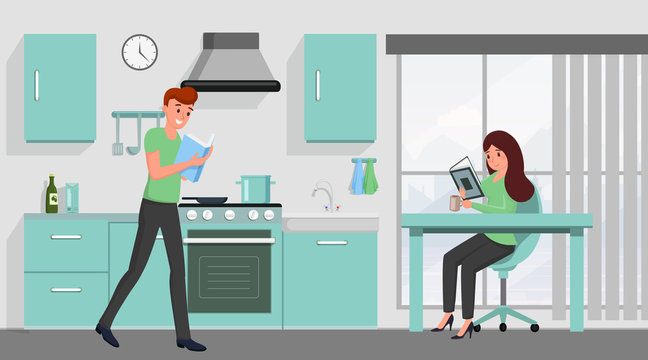 Book lovers family flat vector illustration. Husband and wife reading novels sitting at kitchen table cartoon characters. Smart students, siblings revising textbooks, preparing for exam