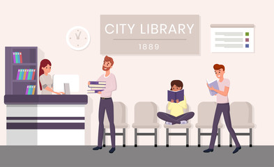 City library visitors flat vector illustration. Bearded man returning books cartoon character. Students revising for exams, pupils holding textbooks in public library, girl immersed in novel
