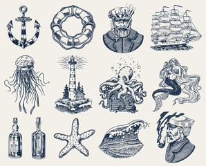 Nautical adventure set. Sea lighthouse, mermaid and marine captain, octopus and shipping sail, old sailor, ocean waves, seaman and lifebuoy. Hand drawn engraved old sketch. - obrazy, fototapety, plakaty