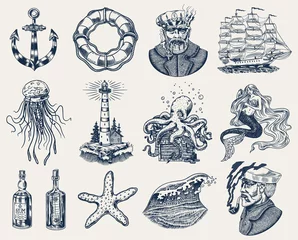 Poster Nautical adventure set. Sea lighthouse, mermaid and marine captain, octopus and shipping sail, old sailor, ocean waves, seaman and lifebuoy. Hand drawn engraved old sketch. © artbalitskiy