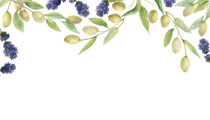 Watercolor hand painted nature garder banner frame with purple lavender flowers and green olives branches with leaves on the white background for invite and greeting card with the space for text