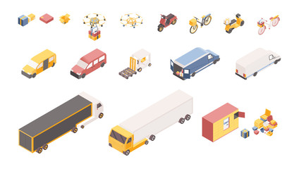 Delivery service symbols isometric illustrations set. Different transportation vehicles, logistics company warehouse isolated on white background. Cartoon drones, scooters, trucks for goods shipment