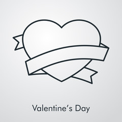 Día de san Valentín. Icono plano corazón con cinta para mensaje en fondo gris