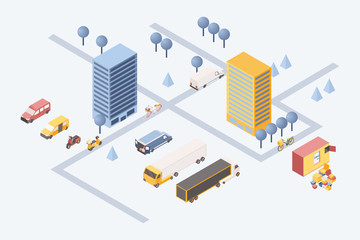 Obraz premium City goods delivery isometric illustration. 3d residential area with cargo vehicles, vans and scooters transporting boxes. Logistic company warehouse with parcels stack and trucks outdoors