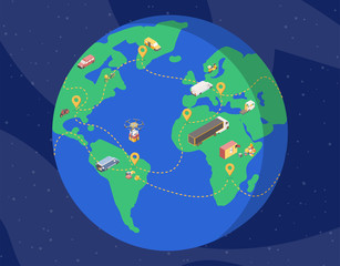 Global delivery service isometric illustration. Planet earth in space with cargo vehicles, drones carrying parcels across continents. Logistics company, international goods shipment
