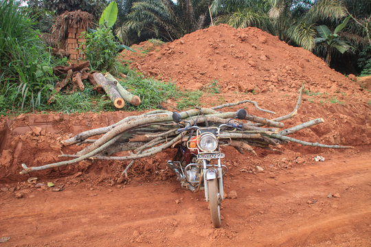 Kampala, Uganda - February 20, 2015: An old vintage motorcycle with a large bunch of firewood loaded on it for cooking and kindling the hearth. Freight in Africa
