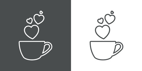 Icono plano lineal taza de café y corazones como humo en fondo gris y fondo blanco