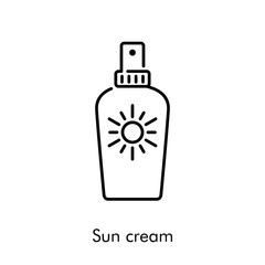 Concepto vacaciones de verano. Icono plano lineal crema solar en aerosol en color negro