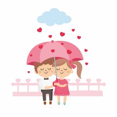 Valentine's Day greeting card. Cute illustration with sweet couples. Boy and girl rendezvous on the bridge. Couple with pink umbrella. Illustration for Valentines Day.