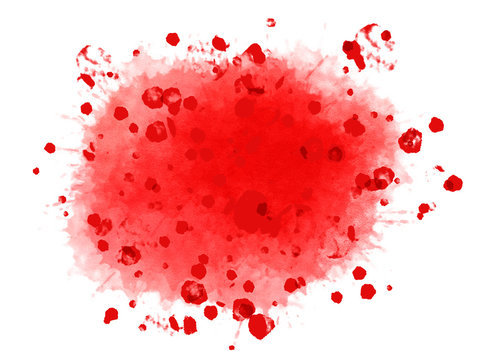 Big crimson red watercolor splash with lots of stains scattered around. Digital generated background illustration isolated on white.