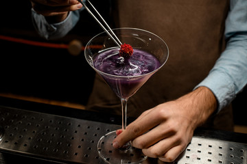 Bartender decorated purple alcoholic cocktail with a red flower by tweezers