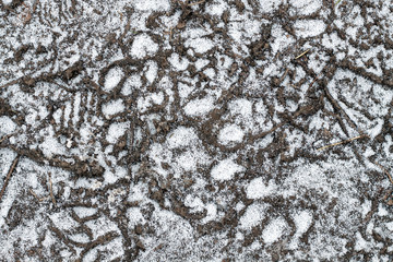 Frozen ground winter texture. Ice and snow on.