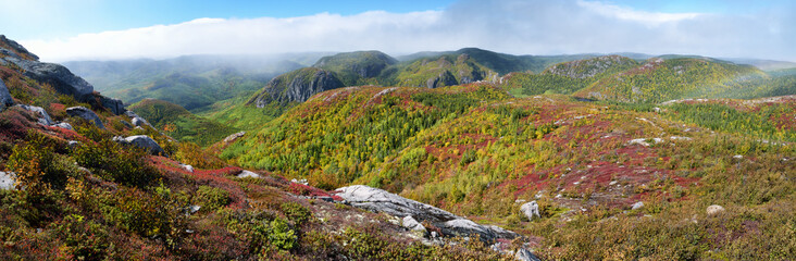Obraz premium Autumn scene in the Parc National des Grands-Jardins panoramic view, Province of Quebec, CANADA.
