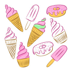 Color vector illustration. Set of cupcake, ice cream in a horn, popsicle and donut. Elements are drawn by hand
