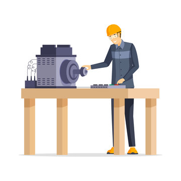 Factory worker flat vector illustration. Happy manufacturing plant employee standing behind workbench cartoon character. Smiling man in protective helmet and glasses working with industrial equipment