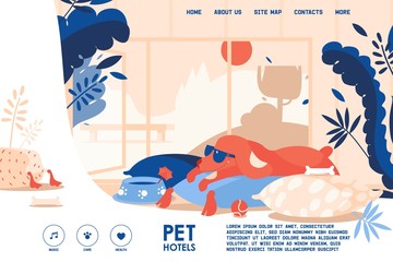 Vector concept banner for dog hotel accomodation. Pet friendly interior room with happy puppy on pillows. Horizontal scene good for landing page or web header.