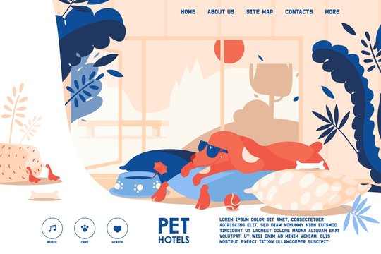 Vector Concept Banner For Dog Hotel Accomodation. Pet Friendly Interior Room With Happy Puppy On Pillows. Horizontal Scene Good For Landing Page Or Web Header.