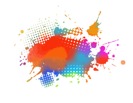 Multi-colored spots of paint on a white background. Grunge frame of paint. Mixed media. Vector illustration.