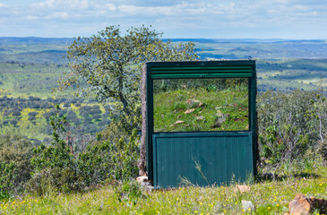 Hiding place to photograph animals, Mediterranean forest, Sierra de San Pedro, Cáceres,...