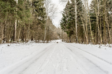 Winter road in the snowy forest.