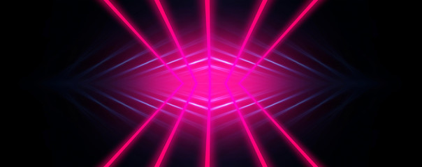 Dark abstract futuristic background. Neon lines glow. Neon lines, shapes. Multi-colored glow, blurry lights, bokeh. Empty stage background