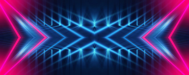 Dark abstract futuristic background. Neon lines glow. Neon lines, shapes. Multi-colored glow, blurry lights, bokeh. Empty stage background