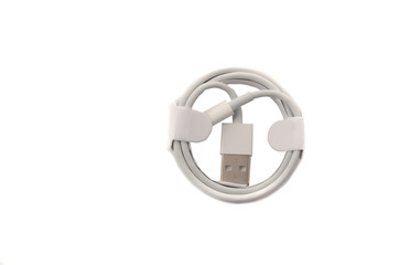 White headphones with headset lie on white isolated background.