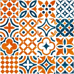Papier peint Portugal carreaux de céramique Ornement de tuile sans couture dans un style patchwork. Texture grunge. Impression pour textiles. Illustration vectorielle.