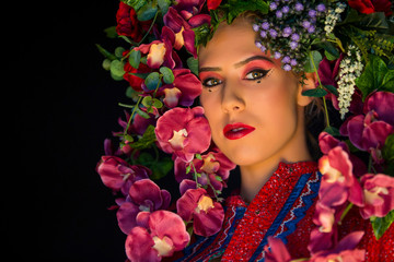beautiful caucasian woman with vivid flower crown
