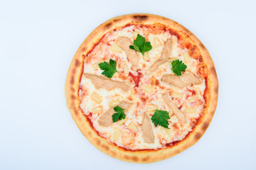  pizza with chicken pineapple cheese on a light background