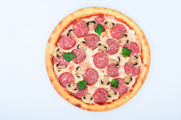 pizza with cheese sausage mushrooms on a white background for the site