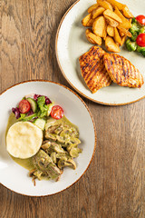 meat with mashed potato and vegetables