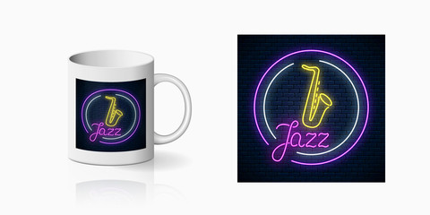 Neonprint of live jazz cafe with live saxophone on ceramic mug mockup. Branding identity design sign of a nightclub