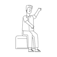 cartoon man sitting and pointing, flat design