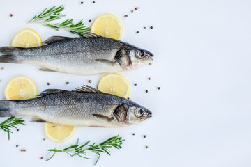 Raw sea bass with spices and herbs on a white slate table. Fresh sea bass.