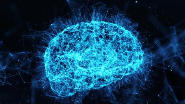 Conceptual 3D animation of Digital Brain hologram with AI Artificial Intelligence or Deep Data machine. Learning virtual neural network technology. Scientific technology motion background. Loop 4k