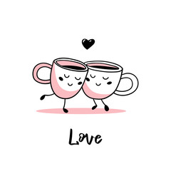 A couple of cute cartoon cups of coffee. Vector illustration.