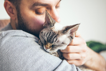 Close-up of cat and man. Portrait of a Devon Rex kitten and young beard guy. Handsome animal-lover...