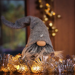 Tomte between tinsel and Christmas lights