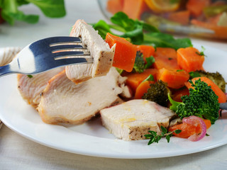 Closeup of a bite of roasted chicken breast and sweet potato on fork over a plate with dinner