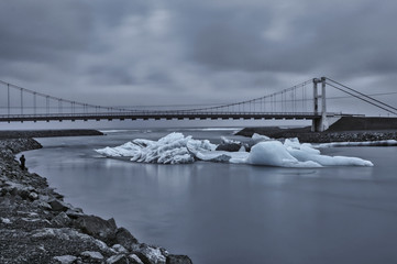 Black and white image of Icebergs at Jokulsarlon glacier