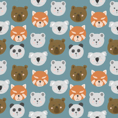 Seamless pattern with cute bear faces (bear, polar bear, panda, red panda), hand drawn isolated on a blue background