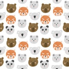 Seamless pattern with cute bear faces (bear, polar bear, panda, red panda, koala), hand drawn isolated on a white background