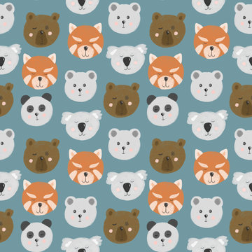 Seamless pattern with cute bear faces (bear, polar bear, panda, red panda), hand drawn isolated on a blue background