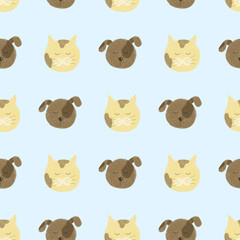 Seamless pattern with cute cat and dog faces, hand drawn isolated on a blue background