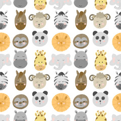 Obraz na płótnie Canvas Seamless pattern with african and american animal faces (lion, zebra, sloth, giraffe etc), hand drawn isolated on a white background