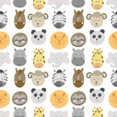 Stickers meubles Ensemble d animaux mignons Modèle sans couture avec des visages d& 39 animaux africains et américains (lion, zèbre, paresseux, girafe, etc.), dessinés à la main isolés sur fond blanc
