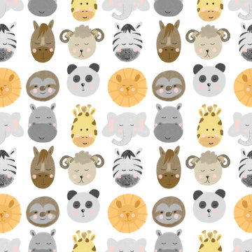 Seamless pattern with african and american animal faces (lion, zebra, sloth, giraffe etc), hand drawn isolated on a white background