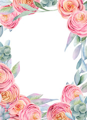 Fototapeta na wymiar Frame, floral border of watercolor pink roses and branches, hand painted on white background, wedding card template